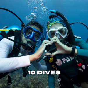Two scuba divers making a heart sign underwater during a 10 dives package in Zanzibar
