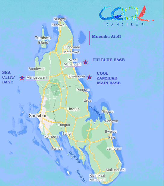 Map showing the three Cool Zanzibar tour offices in Zanzibar for diving, snorkeling and quad tours.